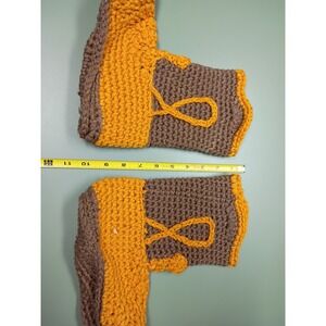 Handmade Crochet Slipper Boots Brown Yellow Knit House Shoes Mid Calf